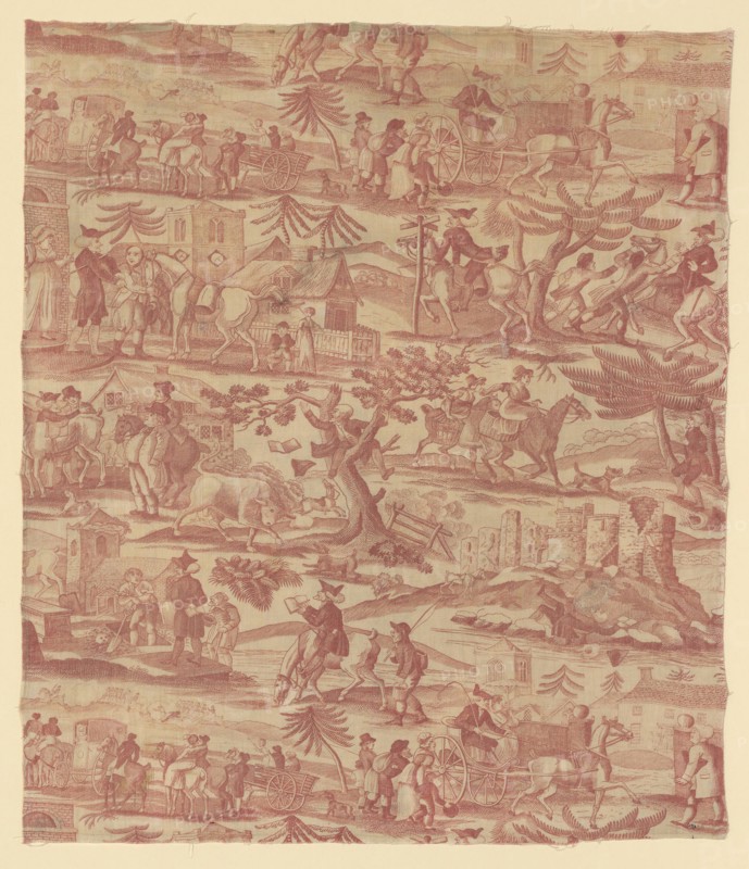 The Travels of Doctor Syntax (Furnishing Fabric), c. 1820, After works by Thomas Rowlandson (English, 1756–1827), England, Manchester, Manchester, Cotton, plain weave, probably engraved roller printed, 70.5 x 60.5 cm (27 3/4 x 23 3/4 in.)
