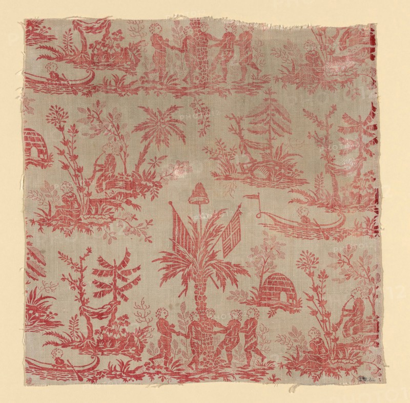 La Danse des Noirs (The Dance of the Blacks) (Furnishing Fabric), c. 1760, Manufactured by Christophe Philippe Oberkampf (French, 1738-1815), France, Jouy-en-Josas, France, Linen and cotton, plain weave, block printed, 40.5 × 39.4 cm (16 × 15 1/2 in.)