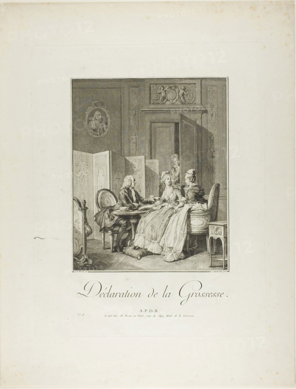 Announcement of Pregnancy, from Monument du Costume Physique et Moral de la fin du Dix-huitième siècle, 1776, Pietro Antonio Martini (Italian, 1738-1797), after Jean Michel Moreau (French, 1741-1814), published by Laurent-François Prault (French 1712-1780), Italy, Engraving on ivory laid paper, 273 x 221 mm (image), 412 x 325 mm (plate), 542 x 414 mm (sheet, folded)