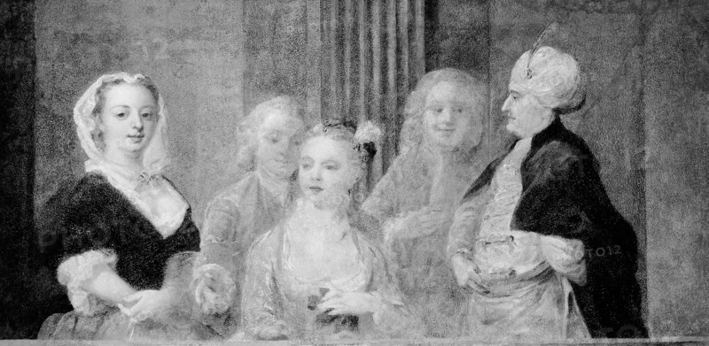 Fashionable Figures, with a Man in Turkish Costume, 1733/35, British, England, Oil on plaster, mounted on aluminum honeycomb panel, 81.6 × 168.3 cm (32 1/8 × 66 1/4 in.)