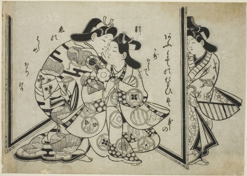 An Interrupted Embrace, c. 1685, Attributed to Sugimura Jihei, Japanese, active c. 1681-98, Japan, Hand-colored woodblock print, oban, sumizuri-e, 10 5/8 x 14 7/8 in.