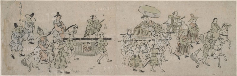 Korean Embassy Parade, 1682, Attributed to Hishikawa Moronobu, Japanese, (?)-1694, Japan, Hand-colored woodblock prints, makimono-e, 24.2 x 75 cm (9 1/2 x 29 1/2 in.)