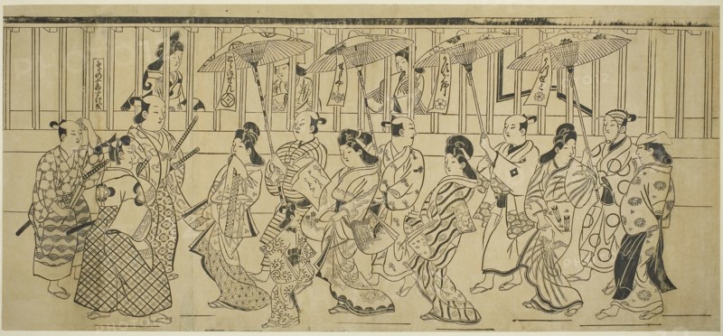 A Parade of Courtesans, c. 1690, Attributed to Hishikawa Moronobu, Japanese, (?)-1694, Japan, Woodblock print, sumizuri-e, kakemono yoko-e, 31.0 x 68.0 cm