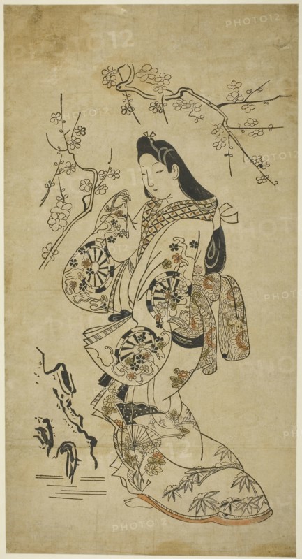 A Young Woman Walking near a Plum Tree, c. 1688, Japanese, Japan, Hand-colored woodblock print, o-oban, tan-e, 22 x 11 1/2 in.