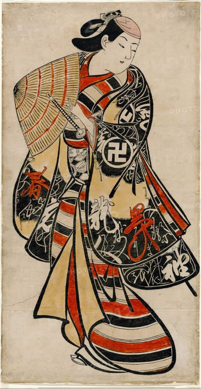 The Actor Takii Hannosuke as an effeminate youth, c. 1707, Attributed to Torii Kiyonobu I, Japanese, 1664-1729, Japan, Hand-colored woodblock print, tan-e, vertical o-oban, 56.5 x 29.1 cm (22 x 11 1/2 in.)