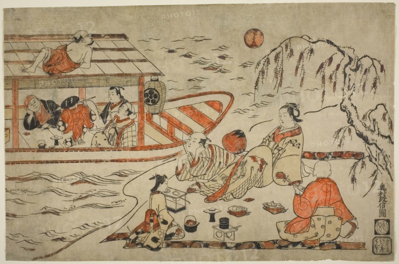 Cooling Off on a Summer Evening, c. 1715, Okumura Masanobu, Japanese, 1686-1764, Japan, Hand-colored woodblock print, tan-e, ô-ôban yoko-e, 32.4 x 49.2 cm (12 3/4 x 19 3/8 in.)