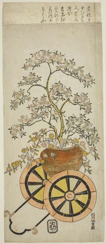 Flower Wagon, c. 1730, Hanegawa Chincho, Japanese, 1679 (?)-1754, Japan, Color woodblock print, hosoban, 37.2 x 15.5 cm (14 5/8 x 5 1/16 in.)
