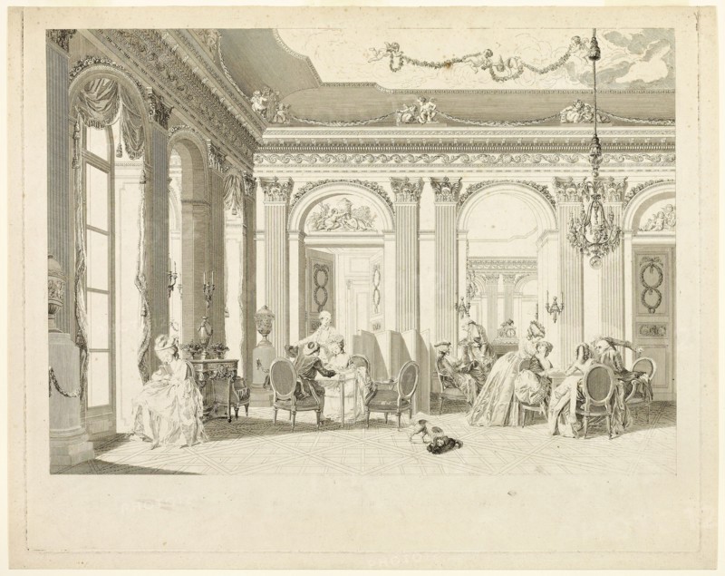 The Drawing Room, 1783, François Dequevauviller (French, 1745-1807), after Nicolas Lavreince (Swedish, 1737-1807), France, Engraving on paper, 407 × 500 mm (plate), 417 × 525 mm (sheet)