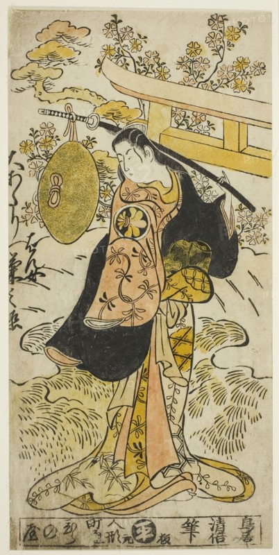 The Actor Segawa Kikunojo I as Hanjo in the play Tsumagoi Sumidagawa, performed at the Nakamura Theater in the third month, 1733, 1733, Torii Kiyomasu II, Japanese, 1706 (?)–1763 (?), Japan, Hand-colored woodblock print, hosoban, urushi-e, 30.7 x 15.0 cm