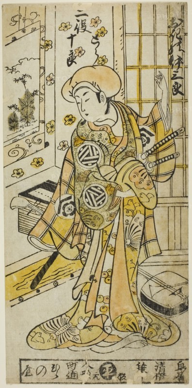 The Actor Ogino Isaburo I in two roles, Tora and Soga no Juro, in the play Juhakko Imayo Soga, performed at the Nakamura Theater in the first month, 1734, 1734, Torii Kiyomasu II, Japanese, 1706 (?)–1763 (?), Japan, Hand-colored woodblock print, hosoban, urushi-e, 12 x 5 3/4 in.