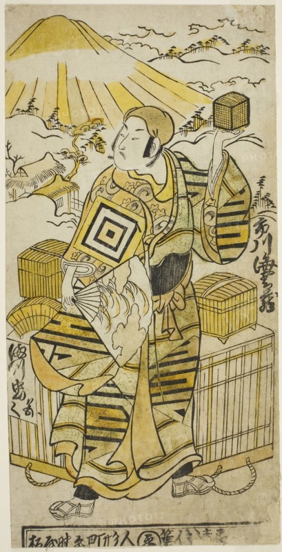 The Actor Ichikawa Ebizo II as Goto Saemon in the play Tokaido Yukumi Guruma, performed at the Ichimura Theater in the eighth month, 1736, 1736, Torii Kiyomasu II, Japanese, 1706 (?)–1763 (?), Japan, Hand-colored woodblock print, hosoban, urushi-e, 11 5/8 x 5 3/4 in.