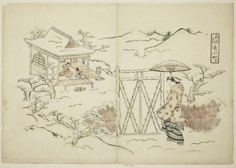 A Modern Version of Shosho visiting Komachi (Furyu Shosho kayoi Komachi), c. 1715, Okumura Masanobu, Japanese, 1686-1764, Japan, Hand-colored woodblock print, oban, sumizuri-e, 28.3 x 40.7 cm