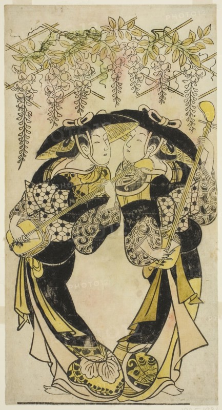 The Actors Sanjo Kantaro (right) and Fujimura Handayu (left) as musicians playing under wisteria, c. 1717/18, Japanese, 18th century, Japan, Hand-colored woodblock print, hosoban, urushi-e, 29.9 x 15.8 cm