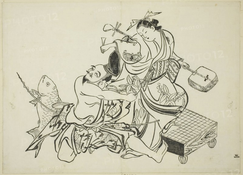 Ebisu flirting with a courtesan, no. 3 from a series of 12 prints, c. 1708, Okumura Masanobu, Japanese, 1686-1764, Japan, Woodblock print, oban, sumizuri-e, 26.7 x 37.0 cm