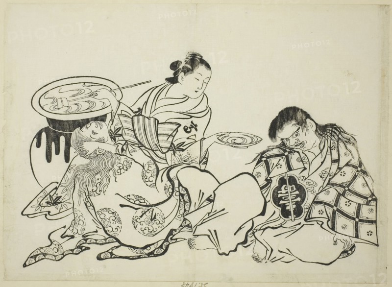Courtesan Plying Shojo with Sake, no. 4 from a series of 12 prints, c. 1708, Okumura Masanobu, Japanese, 1686-1764, Japan, Woodblock print, oban, sumizuri-e, 26.6 x 36.9 cm