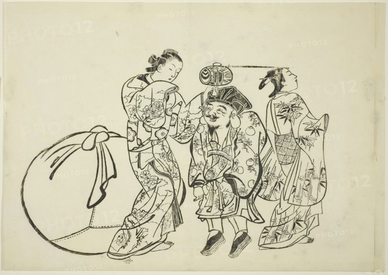 Measuring Daikoku’s height, no. 5 from a series of 12 prints, c. 1708, Okumura Masanobu, Japanese, 1686-1764, Japan, Woodblock print, oban, sumizuri-e, 26.7 x 37.8 cm
