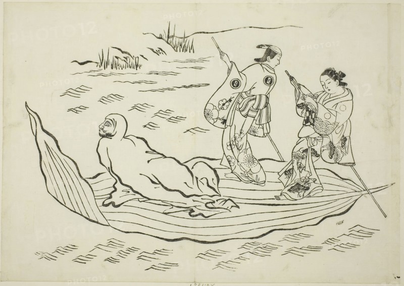 Daruma crossing the sea on a leaf, no. 7 from a series of 12 prints, c. 1708, Okumura Masanobu, Japanese, 1686-1764, Japan, Woodblock print, oban, sumizuri-e, 26.7 x 38.1 cm
