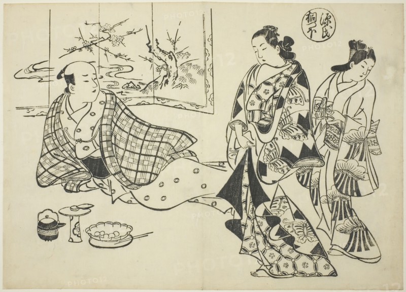 The Kiritsubo Chapter from The Tale of Genji (Genji Kiritsubo), from a series of Genji parodies, c. 1710, Okumura Masanobu, Japanese, 1686-1764, Japan, Woodblock print, oban, sumizuri-e, 37.3 x 38.3 cm