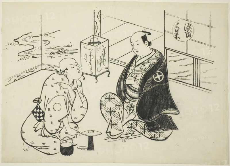The Hahakigi Chapter from The Tale of Genji (Genji Hahakigi), from a series of Genji parodies, c. 1710, Okumura Masanobu, Japanese, 1686-1764, Japan, Woodblock print, oban, sumizuri-e, 27.3 x 38.2 cm