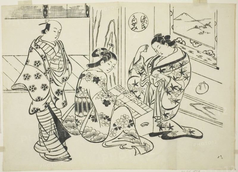The Utsusemi Chapter from The Tale of Genji (Genji Utsusemi), from a series of Genji parodies, c. 1710, Okumura Masanobu, Japanese, 1686-1764, Japan, Woodblock print, oban, sumizuri-e, 27.3 x 38.7 cm