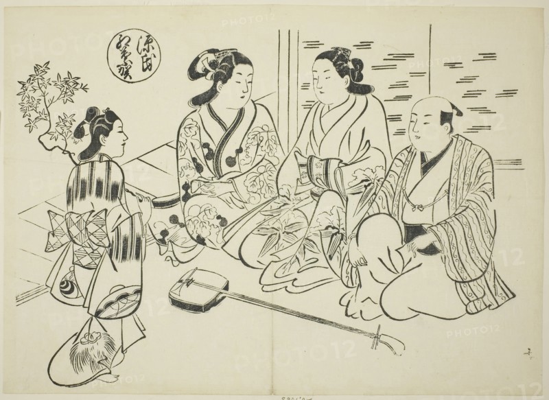 The Momiji-no-ga Chapter from The Tale of Genji (Genji Momiji-no-ga), from a series of Genji parodies, c. 1710, Okumura Masanobu, Japanese, 1686-1764, Japan, Woodblock print, oban, sumizuri-e, 27.3 x 38.1 cm