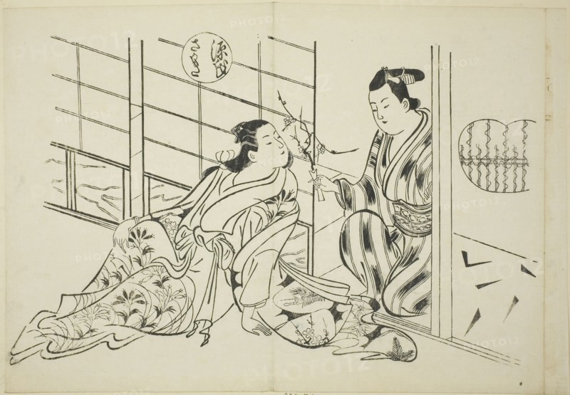 The Sakaki Chapter from The Tale of Genji (Genji Sakaki), from a series of Genji parodies, c. 1710, Okumura Masanobu, Japanese, 1686-1764, Japan, Woodblock print, oban, sumizuri-e, 27.2 x 39.8 cm