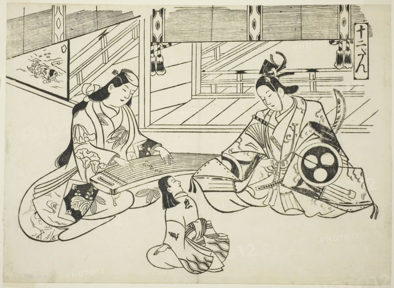 Yoshitsune (Ushiwaka) and Princess Joruri, from the series Famous Scenes from Japanese Puppet Plays (Yamato irotake), c. 1705/06, Okumura Masanobu, Japanese, 1686-1764, Japan, Woodblock print, oban, sumizuri-e, 27.2 x 37.9 cm