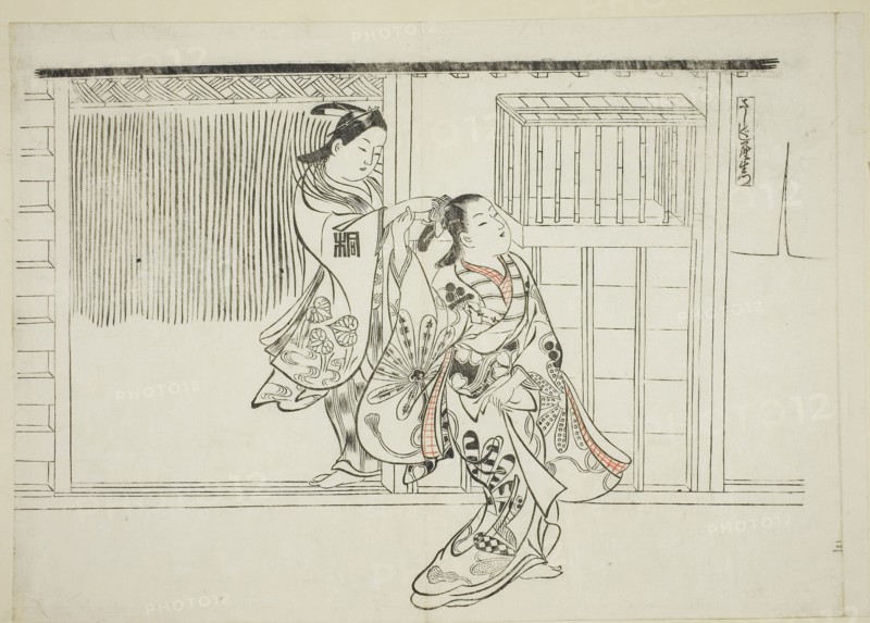 Comb Rashomon (Sashigushi Rashomon), no. 3 from a series of 12 prints depicting parodies of plays, c. 1716–35, Okumura Masanobu, Japanese, 1686-1764, Japan, Hand-colored woodblock print, oban, sumizuri-e, 27.2 x 38.6 cm