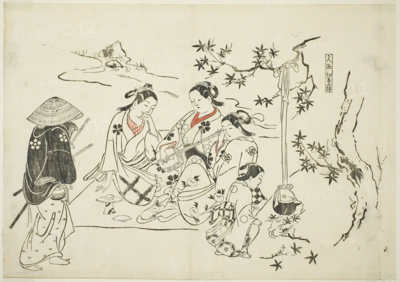 Heating Sake with Maple Leaves (Kanzake momijigari), no. 9 from a series of 12 prints depicting parodies of plays, c. 1716/35, Okumura Masanobu, Japanese, 1686-1764, Japan, Hand-colored woodblock print, oban, sumizuri-e, 27.0 x 38.5 cm