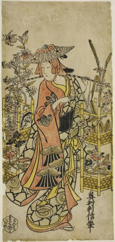 The Actor Hayakawa Hatsuse as a Flower Vendor, mid–1720s, Okumura Toshinobu, Japanese, active c. 1717-50, Japan, Hand-colored woodblock print, hosoban, urushi-e, 31.7 x 14.4 cm (12 1/2 x 5 3/4 in.)