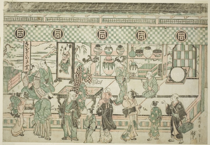 The Shop of Sanogawa Ichimatsu, c. 1743, Ishikawa Toyonobu, Japanese, 1711-1785, Japan, Color woodblock print, oban yoko-e, benizuri-e, 11 3/4 x 17 in.