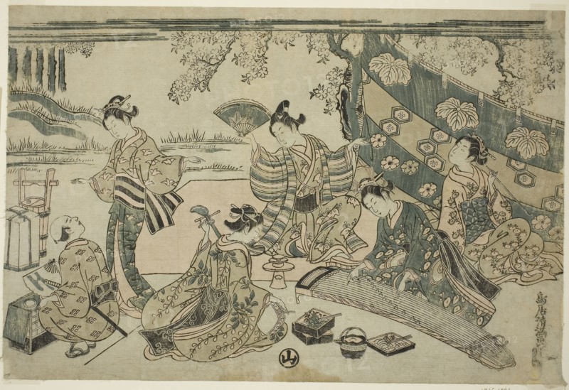 A picnic under cherry trees, c. 1755/64, Torii Kiyomitsu I, Japanese, 1735-1785, Japan, Color woodblock print, oban, benizuri-e, 28.6 x 42.9 cm (11 1/4 x 16 7/8 in.)