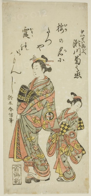 The Actor Segawa Kikunojo II as the courtesan Umegae in the play Hiragana Seisuiki, performed at the Ichimura Theater in the first month, 1764, 1764, Suzuki Harunobu ?? ??, Japanese, 1725 (?)-1770, Japan, Color woodblock print, hosoban, benizuri-e, 30.9 x 13.9 cm (12 1/8 x 5 3/8 in.)