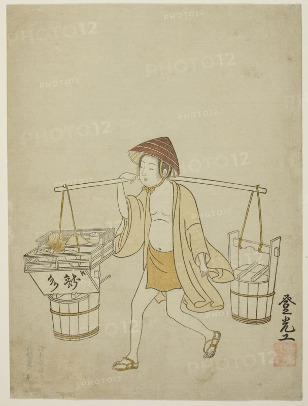 A water vendor, 1765, Suzuki Harunobu ?? ??, Japanese, 1725 (?)-1770, Japan, Color woodblock print, chuban, surimono, 26.4 x 19.7 cm (10 1/4 x 7 5/8 in.)