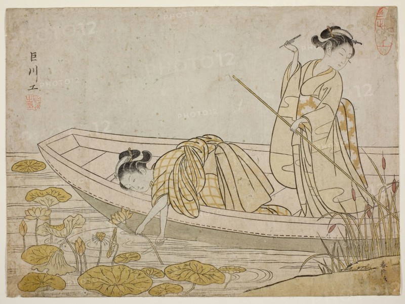 Gathering Lotus Flowers, 1765, Suzuki Harunobu ?? ??, Japanese, 1725 (?)-1770, Japan, Color woodblock print, chuban, surimono, 20.3 x 27.6 cm (8 1/8 x 10 7/8 in.)