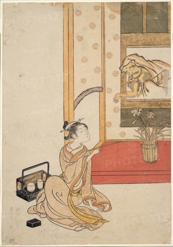 Giving Daruma a Smoke, 1765, Suzuki Harunobu ?? ??, Japanese, 1725 (?)-1770, Japan, Color woodblock print, chuban, 27.6 x 19.2 cm (10 7/8 x 7 1/2 in.)