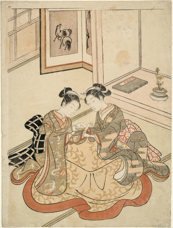 Young Women Playing Cat’s Cradle, c. 1767/68, Attributed to Suzuki Harunobu ?? ??, Japanese, 1725 (?)-1770, Japan, Color woodblock print, chuban, 28.7 x 21.4 cm (11 3/8 x 8 3/8 in.)