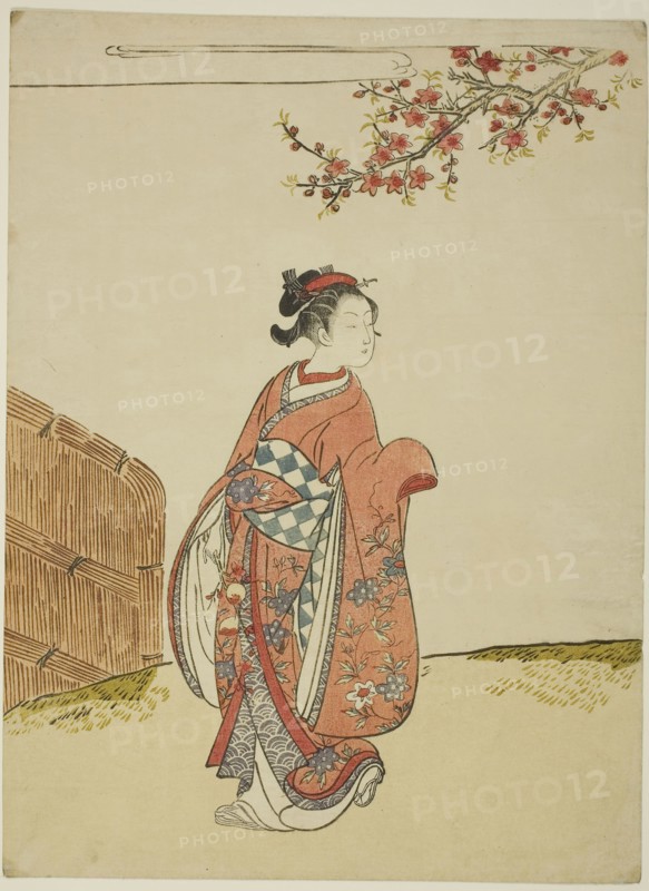 Under a Peach Tree, c. 1766, Suzuki Harunobu ?? ??, Japanese, 1725 (?)-1770, Japan, Color woodblock print, left sheet of chuban diptych, 11 x 8 1/8 in.