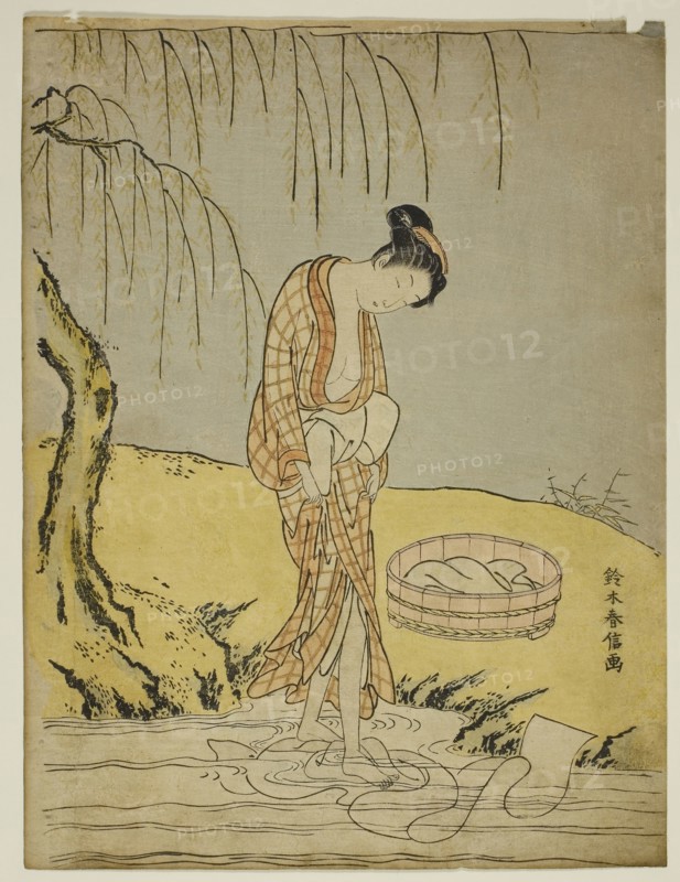 Washing Cloth in a Stream, c. 1768/69, Suzuki Harunobu ?? ??, Japanese, 1725 (?)-1770, Japan, Color woodblock print, chuban, 10 3/4 x 8 in.