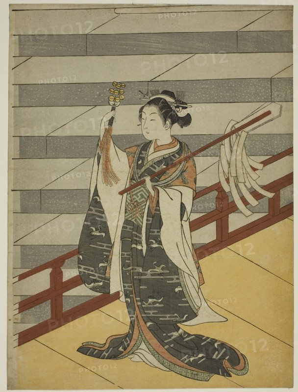 The Kagura Dancer, c. 1766, Suzuki Harunobu ?? ??, Japanese, 1725 (?)-1770, Japan, Color woodblock print, chuban, 11 1/8 x 8 1/4 in.