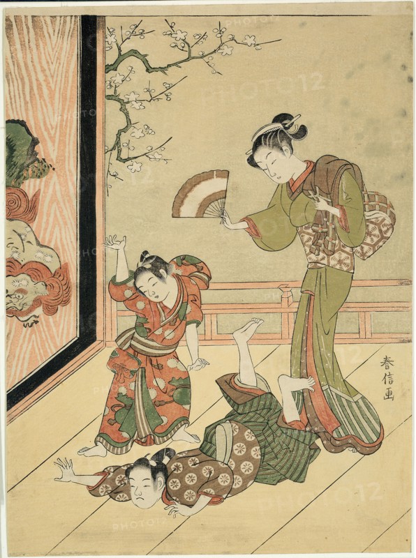 The Wrestling Match (parody of Ushikawamaru and Benkei), c. 1767, Suzuki Harunobu ?? ??, Japanese, 1725 (?)-1770, Japan, Color woodblock print, chuban, 27.4 x 20.1 cm (10 3/4 x 8 in.)