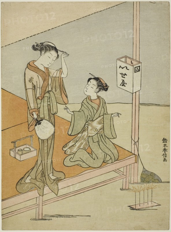 A Courtesan and Her Attendant at the Riverside Teahouse Iseya, c. 1768/69, Suzuki Harunobu ?? ??, Japanese, 1725 (?)-1770, Japan, Color woodblock print, chuban, 10 3/4 x 7 7/8 in.