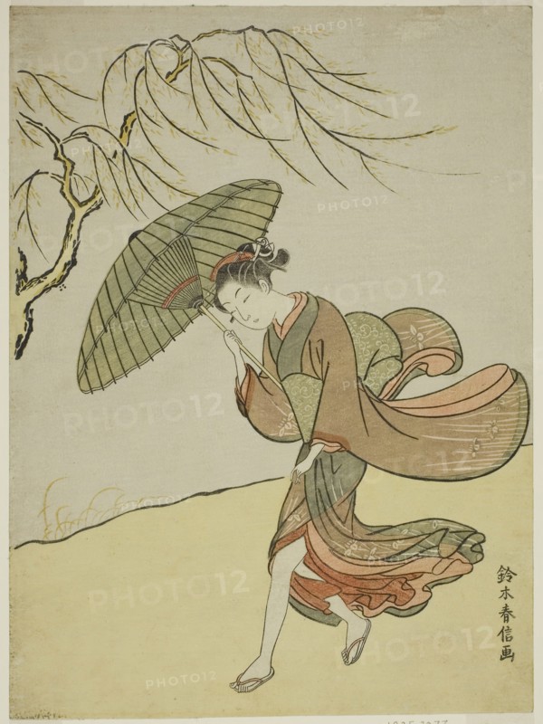 A Windy Day, c. 1767/68, Suzuki Harunobu ?? ??, Japanese, 1725 (?)-1770, Japan, Color woodblock print, chuban, 10 1/2 x 7 3/4 in.