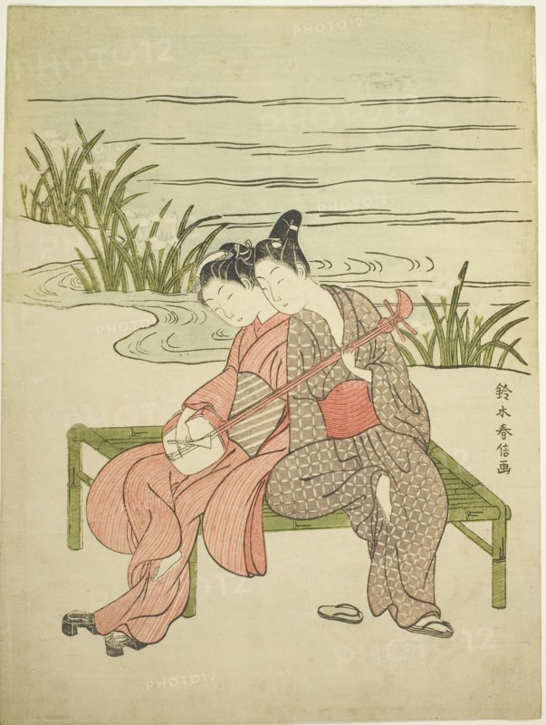 Lovers Playing the Same Shamisen (parody of Xuanzong and Yang Guifei), c. 1767, Suzuki Harunobu ?? ??, Japanese, 1725 (?)-1770, Japan, Color woodblock print, chuban, 11 x 8 1/4 in.