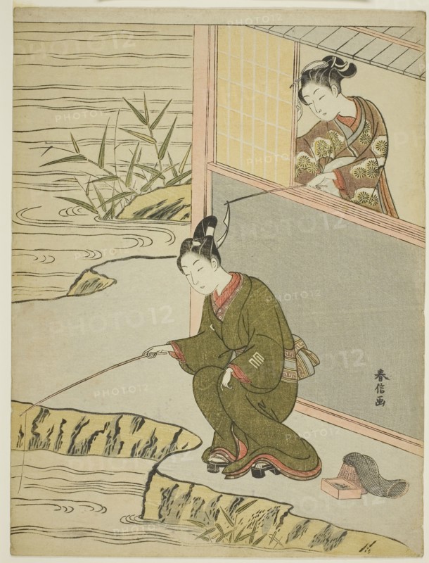Beauty Teasing a Young Man Fshing, c. 1768, Suzuki Harunobu ?? ??, Japanese, 1725 (?)-1770, Japan, Color woodblock print, chuban, 28.5 x 21.5 cm (11 1/4 x 8 1/2 in.)