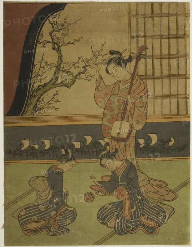 Courtesan Watching Her Attendants Playing with a Ball, c. 1765/70, Attributed to Suzuki Harunobu ?? ??, Japanese, 1725 (?)-1770, Japan, Color woodblock print, chuban, 27.3 x 20.6 cm (10 3/4 x 8 1/8 in.)