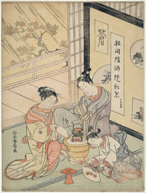 Burning Maple Leaves to Heat Sake, c. 1768, Suzuki Harunobu ?? ??, Japanese, 1725 (?)-1770, Japan, Color woodblock print, chuban, 28.7 x 21.6 cm (11 1/4 x 8 1/4 in.)