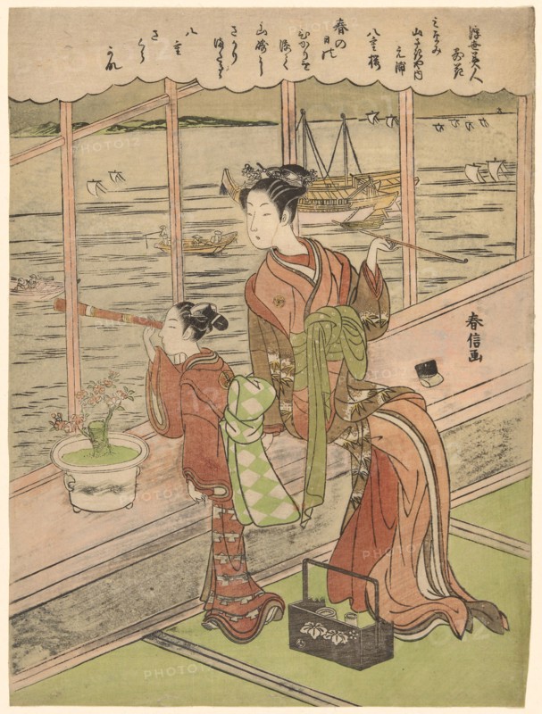 Double-Flowered Cherry: Motoura of the Minami Yamasakiya (Minami Yamasakiya uchi Motoura, Yaezakura), from the series Beauties of the Floating World Compared to Flowers (Ukiyo bijin hana ni yosu), c. 1768/1769, Suzuki Harunobu ?? ??, Japanese, 1725 (?)-1770, Japan, Color woodblock print, chuban, 29.3 x 21.3 cm