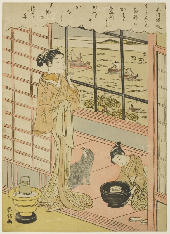 Returning Sails at Shinagawa (Shinagawa no kihan), from the series Eight Fashionable Views of Edo (Furyu Edo hakkei), c. 1768/69, Suzuki Harunobu ?? ??, Japanese, 1725 (?)-1770, Japan, Color woodblock print, chuban, 26.8 x 19.3 cm (10 1/2 x 7 1/2 in.)