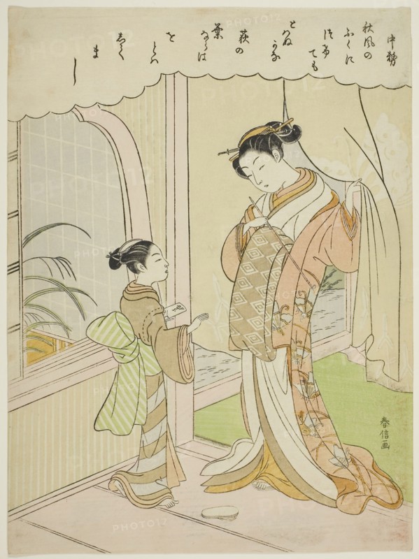 Poem by Nakatsukasa, from an untitled series of Thirty-Six Immortal Poets, c. 1767/68, Suzuki Harunobu ?? ??, Japanese, 1725 (?)-1770, Japan, Color woodblock print, chuban, 10 7/8 x 8 in.